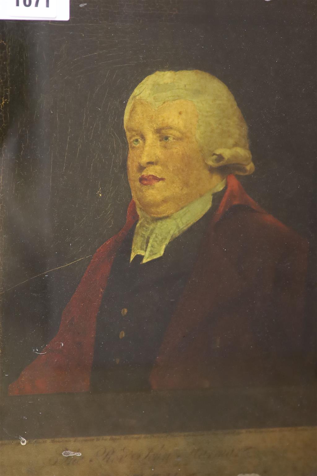 An 18th century reverse print on glass, Portrait of the Reverend John Harmar of Sheffield, 37 x 26cm, unframed (a.f.)